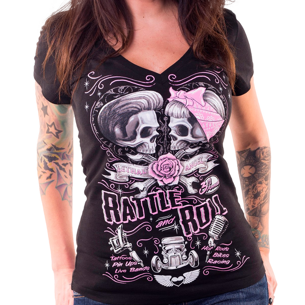 Rattle And Roll Rockabilly Skull Couple V-Neck Tee – Lethal Threat