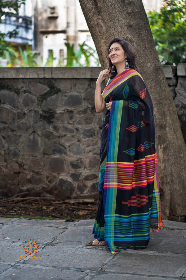 Cotton Silk Designer Wear Plain Black Handloom Saree, Multi Colour Border  at Best Price in Tirupur | Ramraj Handlooms