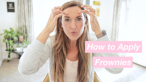 woman applying Frownies Facial Patches to her forehead with title "how to apply frownies"
