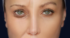 split image of close up of woman's face before and after using frownies facial patches to smooth forehead wrinkles
