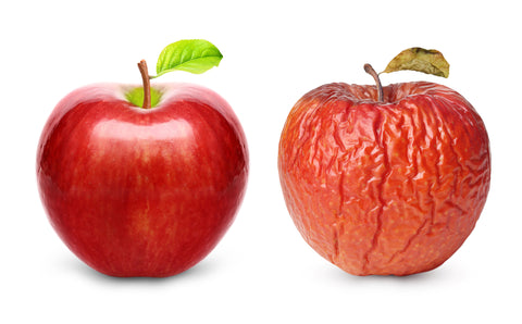 two red apples, one is smooth and shiny, the other is wrinkled and withered