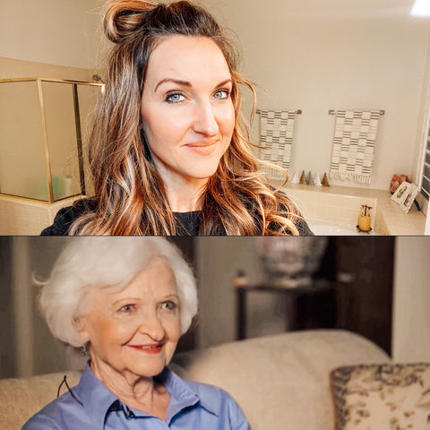 split image of Helen Morrison above her grandmother Peggy Wright