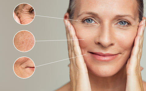 woman smiling and touching her face with inset close-ups of wrinkles