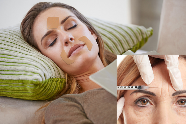 one woman sleeping with paper Frownies Facial Patches on her forehead and corners of the mouth, second woman's face with furrowed brow with gloved hands with needle pointing at her forehead wrinkles