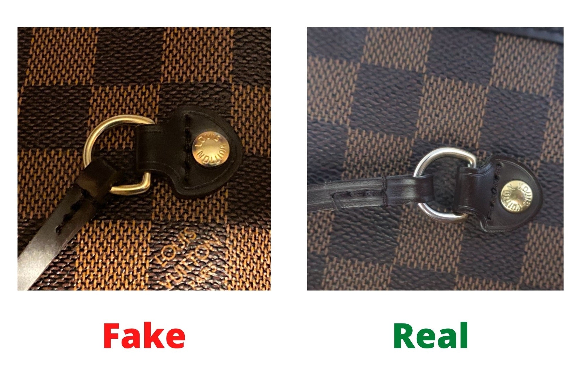 Fake Louis Vuitton Neverfull vs Real: Important Details You Should Definitely Pay Attention To (With Photo Examples) neverfull damier ebene fake vs real exterior pin