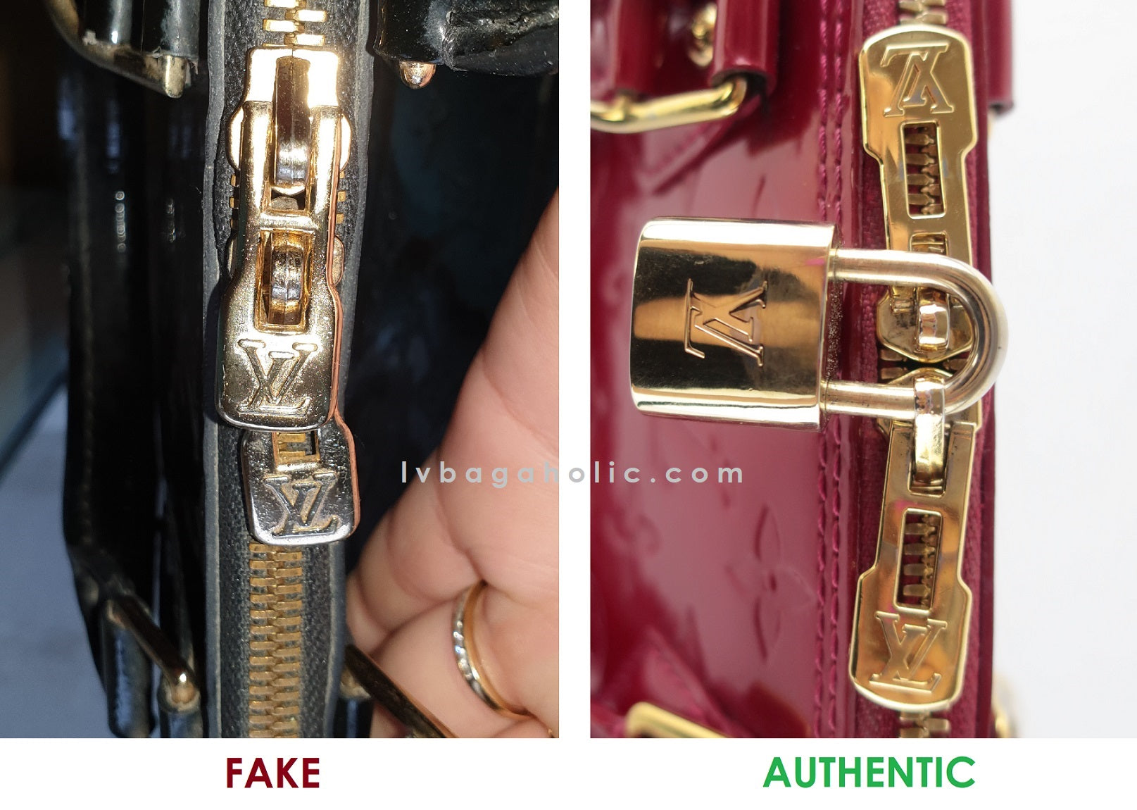 Cómo detectar un falso hardware de comparación falsa de Louis Vuitton Alma BB Real Fake