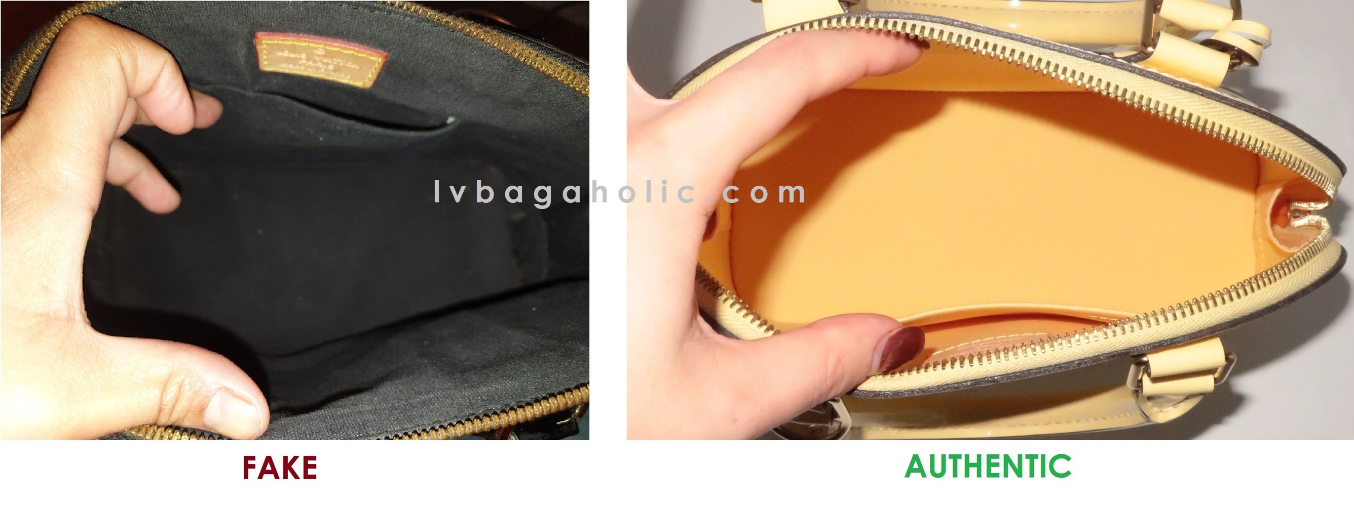 Cómo detectar una falsa Louis Vuitton Alma BB Comparación falsa real en el interior