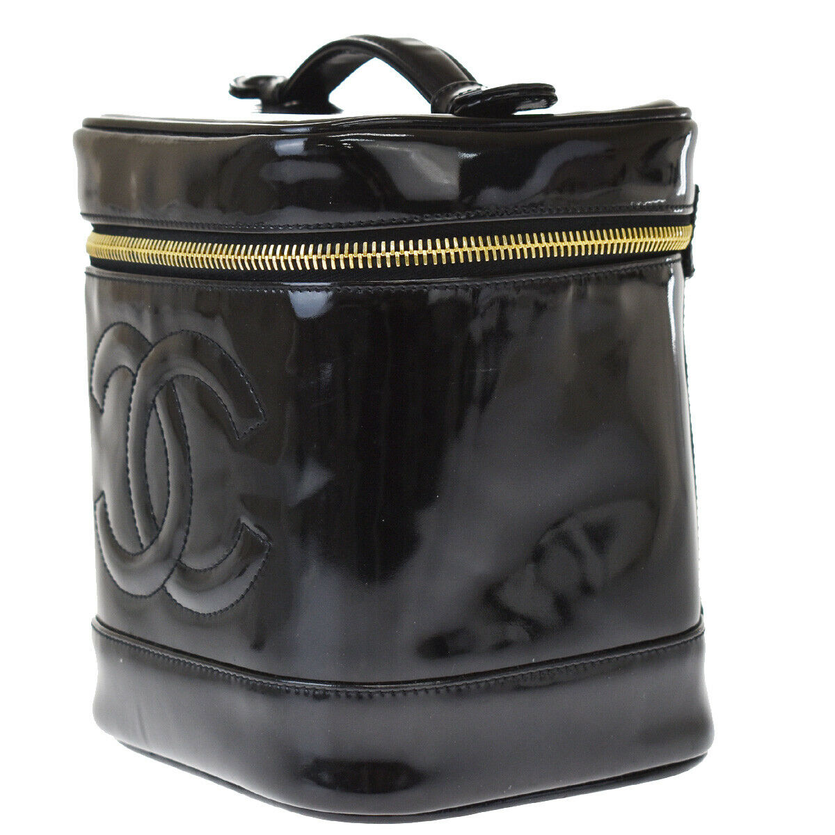 CHANEL CC Black Vintage Patent Leather Logos Vanity Handbag