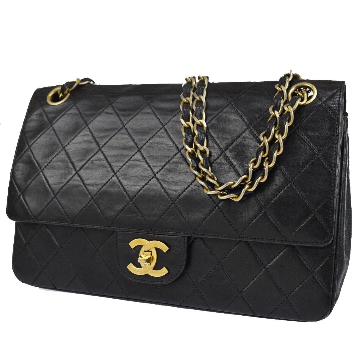 Authentic CHANEL Lambskin Leather CC Bias Stitch in Black