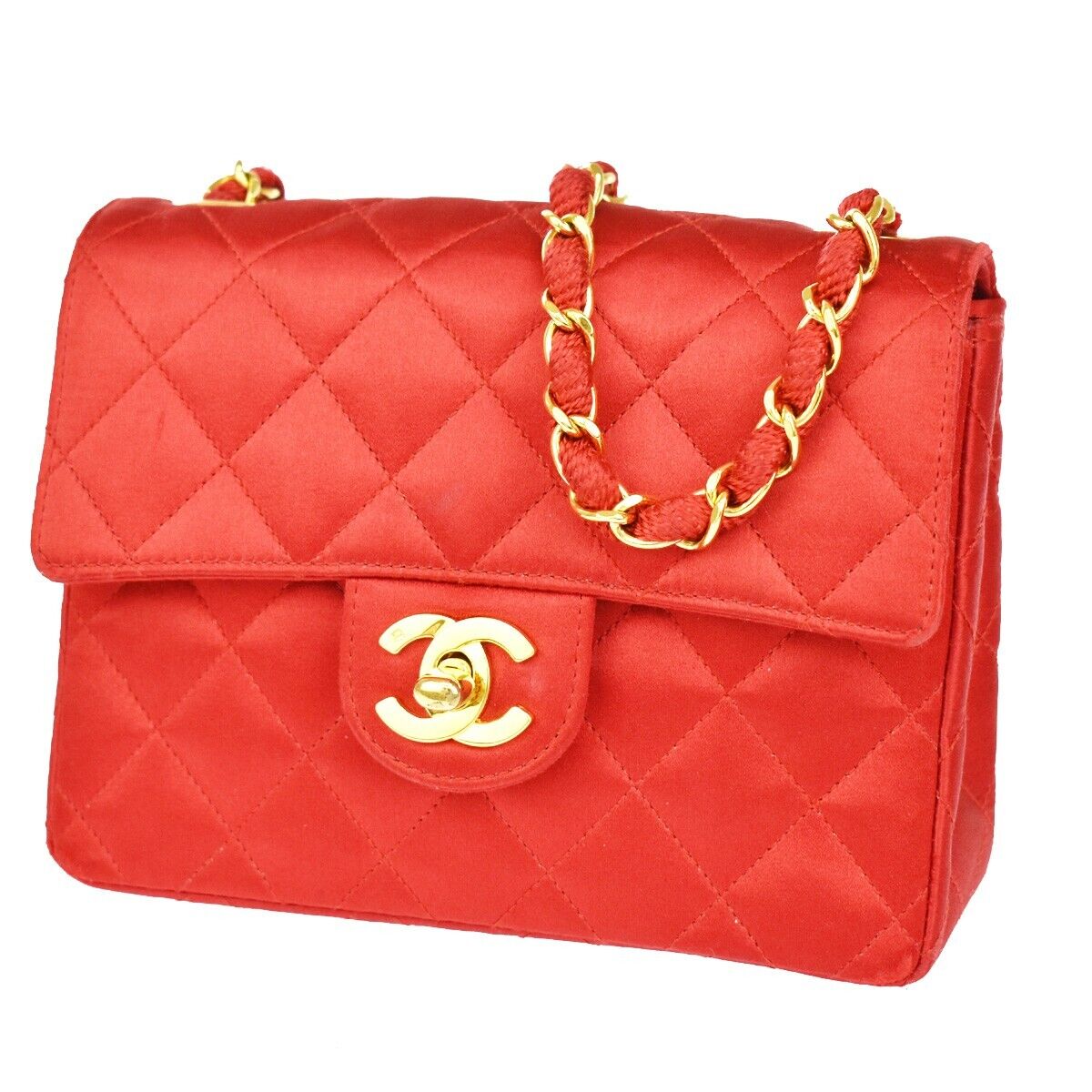 Chanel CC lienzo satinado rojo vintage matelasse cadena mini bolso de hombro 