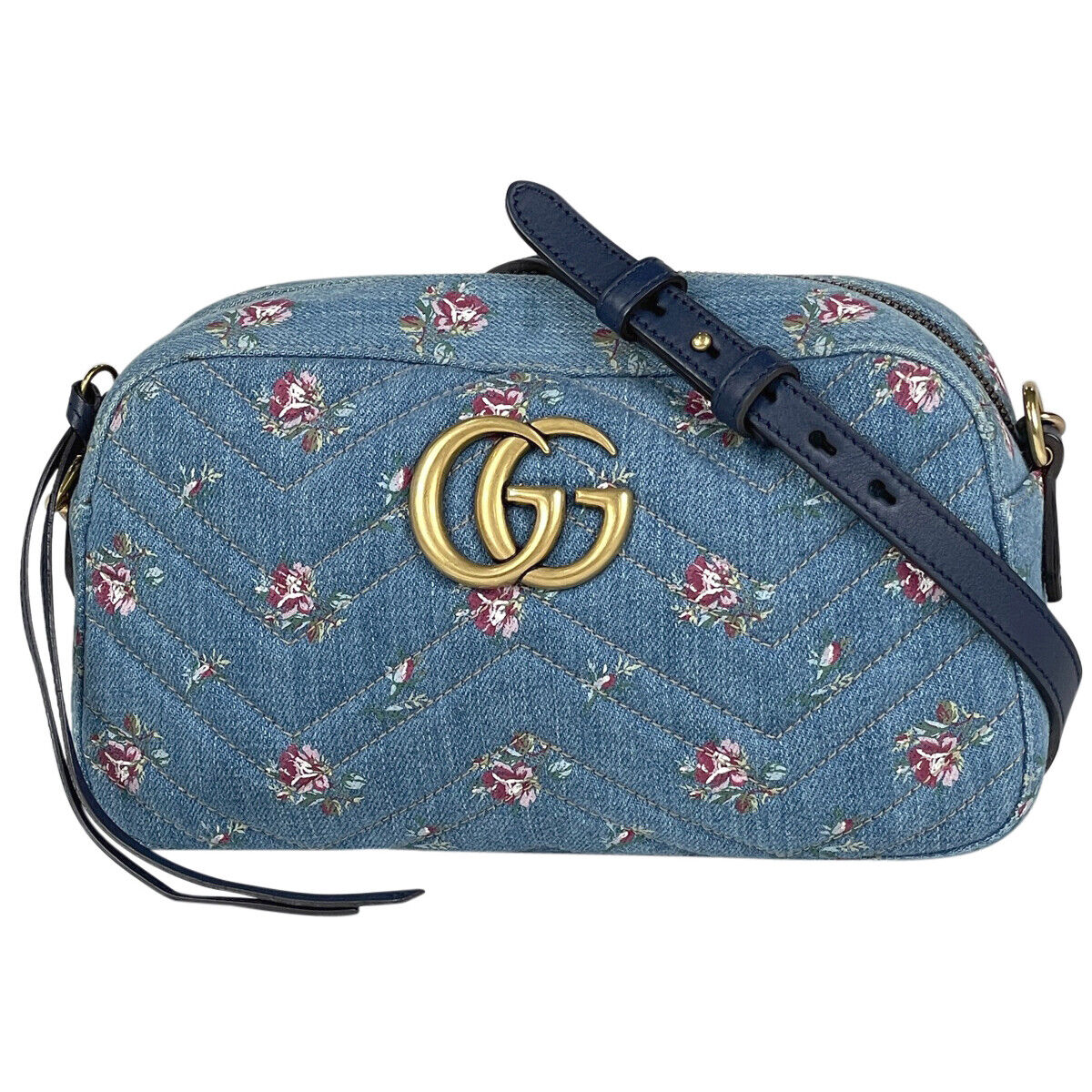 GUCCI GG Marmont Chain Shoulder Bag Diagonal Quilting Denim Blue