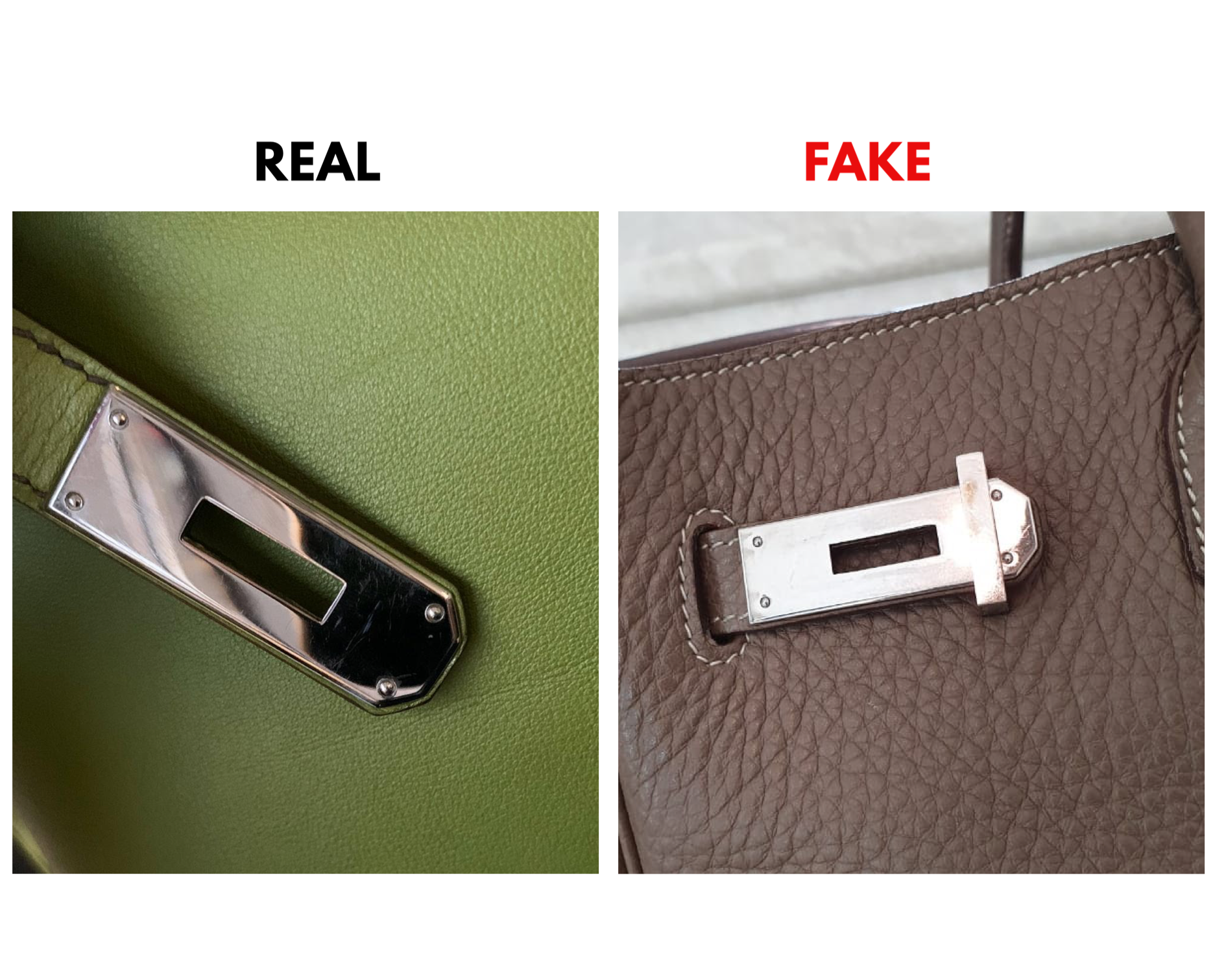 Step 4: Fake vs real Hermes Birkin bag hardware metal rectangular strap