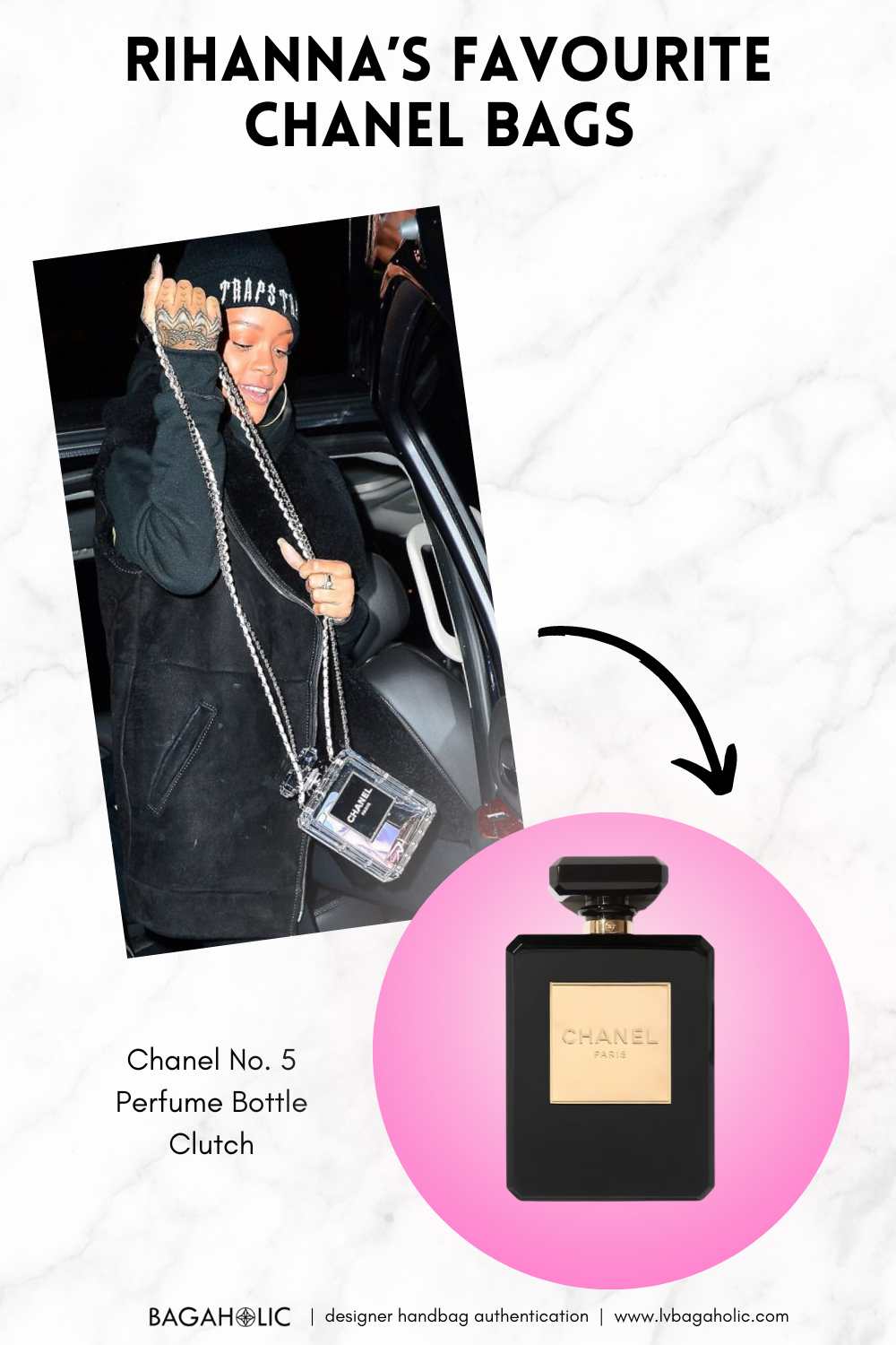 100 Celebs and Their Favorite Chanel Bags Part1  Rihanna Chanel Perfume Bottle Clutch