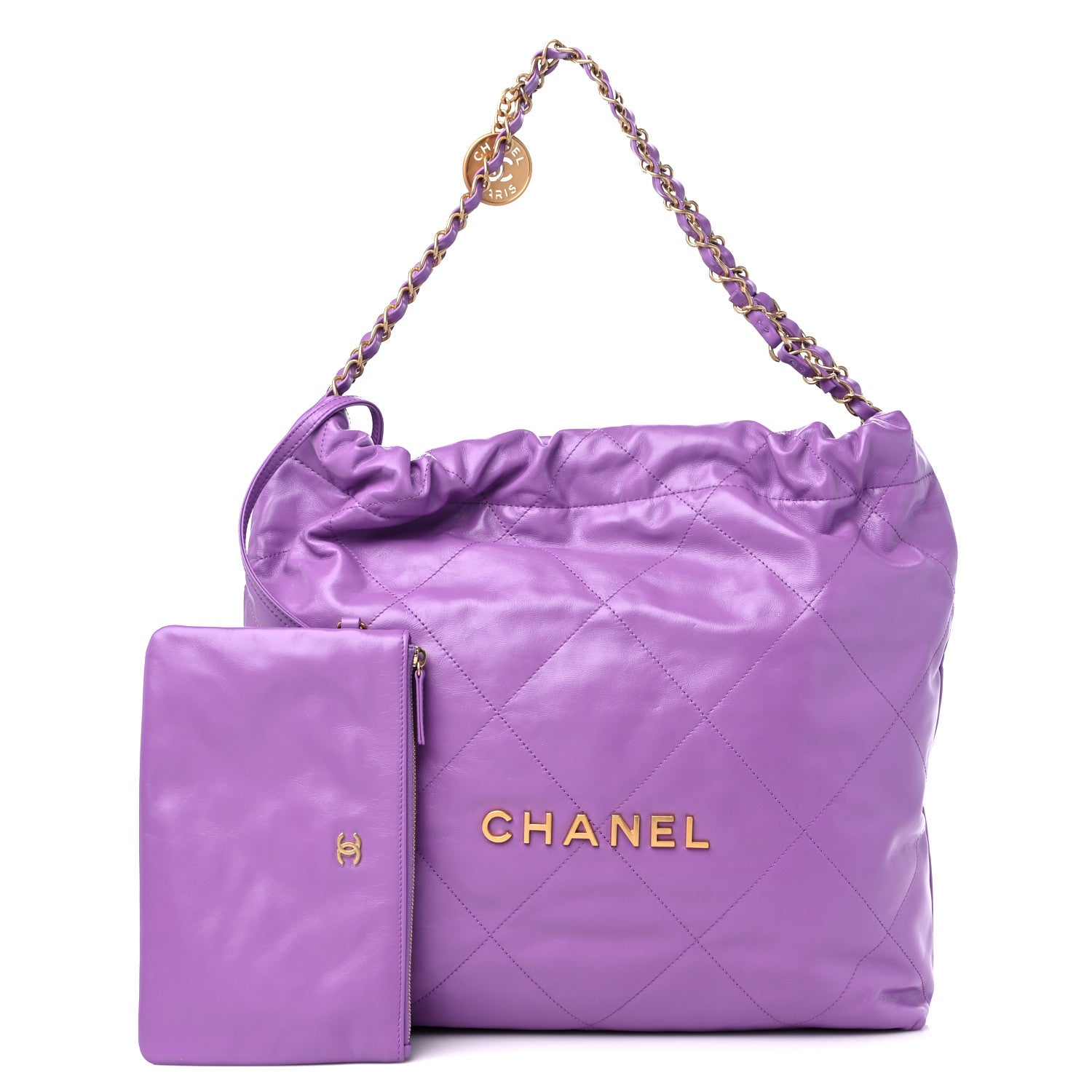 CHANEL trapuntato in pelle di vitello luccicante 22 sacchetto viola