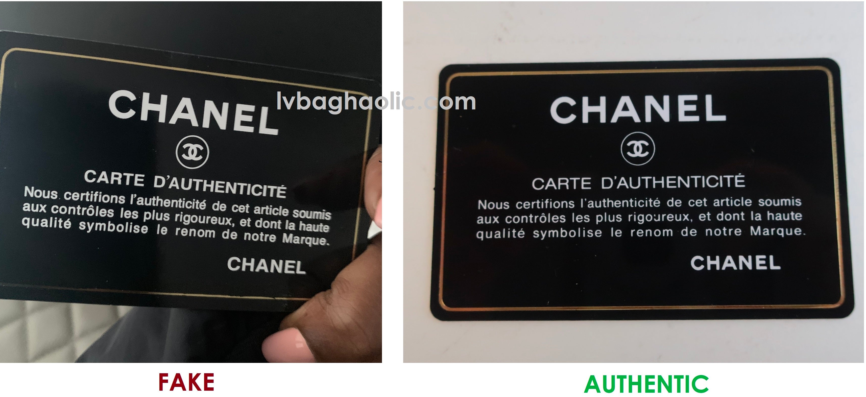 Tarjeta de autenticidad de Chanel Comparación falsa real