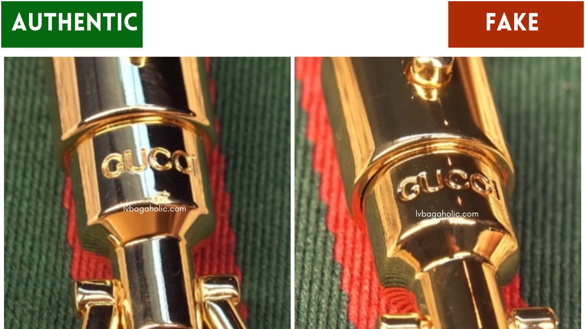 how to spot a fake gucci jackie bag - engraving real vs fake