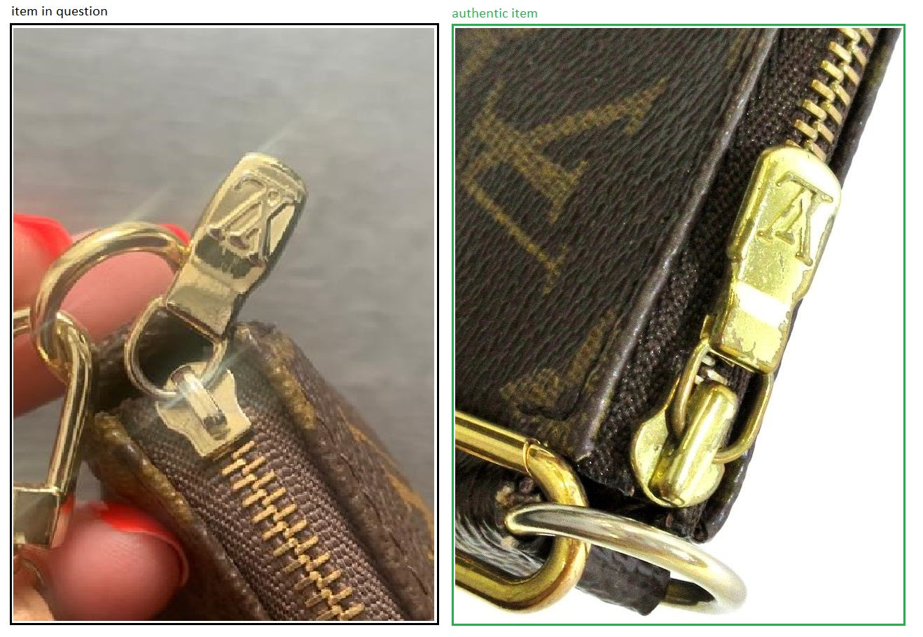 how to spot a fake louis vuitton pochette accessories hardware