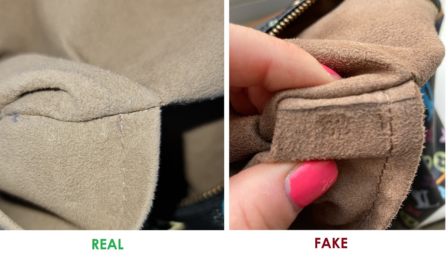 how to tell if a multicolor canvas speedy bag is real or fake by inside interior red lining