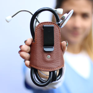Professional Stethoscope Holder With Back Clip & Velcro Wings. (Genuine Leather, Handmade In U.S.A)