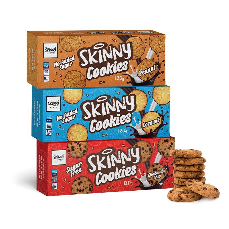 Skinny Cookies Bundle (šokolādes skaidiņas, kokosriekstu un zemesriekstu garšas) — bez cukura — theskinnyfoodco