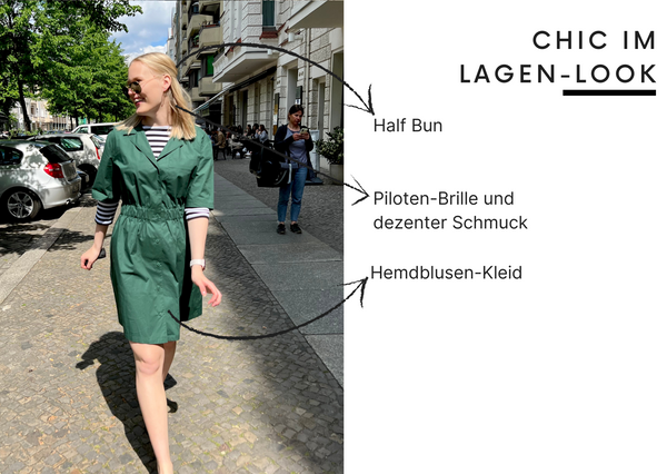 Ilma im Lagen-Look drunter unter einem grünen Hemdblusen-Kleid