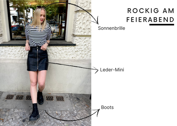 Ilma cool und rockig am Feierabend mit schwarzem Leder-Minirock und Boots