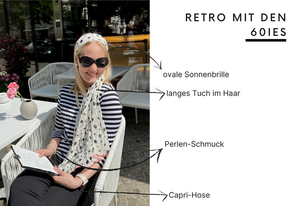 Ilma von Marimekko durch die Jahrzehnte: im 60ies Look mit runder Sonnenbrille, Band im Haar, Perlen-Schmuck und Capri-Hose