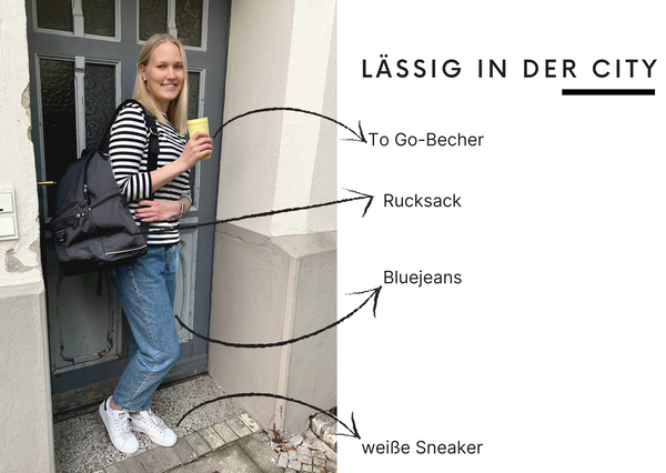 Ilma von Marimekko lässig für die City gestylt: Jeans, weiße Sneaker und ein Rucksack