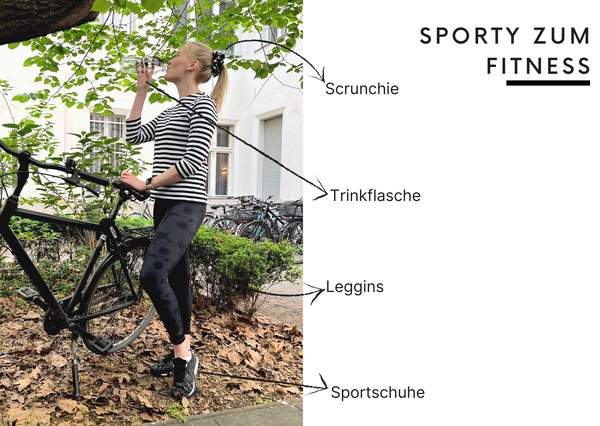 Ilma von Marimekko locker zum Sport: mit Sportschuhen, Marimekko-Leggins und Trinkflasche