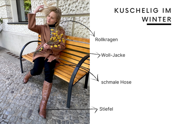 Ilma von Marimekko durch die Jahreszeiten: im Winter mit Rollkragen-Pullover drunter, warmem Cashmere-Mantel drüber, langer dunkler Hose und Stiefeln