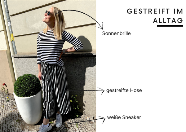 Ilma im coolen Look für den Alltag: gestreifte Hose zum Shirt, Sonnenbrille, gemütliche Sneaker - fertig