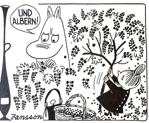 Die Kleine My erntet Beeren, Motiv auf dem Sommer Becher 2024 aus dem Comic Die Mumins und die Pflicht.