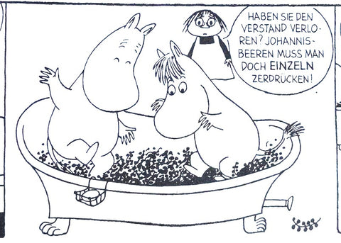 Comic Ausschnitt aus dem Comic Mumin Mamas Dienstmädchen auf dem Sommerbecher 2024: Moomin und Snorfräulein zerstampfen Johannisbeeren in einer Badewanne.