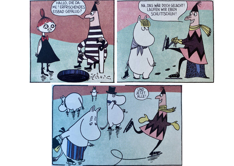 Die Bilder aus Tove Janssons Comic Mumins Winterfreuden, S. 11 und S. 14. Herr Frisch mit Mümmla, Snorkfräulein und der Moomin-Familie auf Schlittschuhen. 