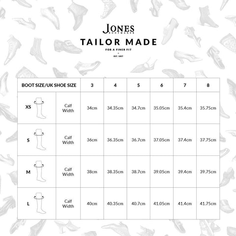 jones bootmaker tailor made size chart