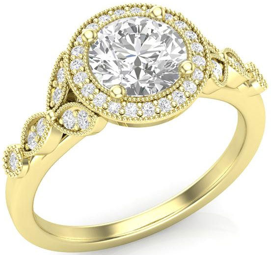 Yellow gold halo-style engagement ring with floral accents