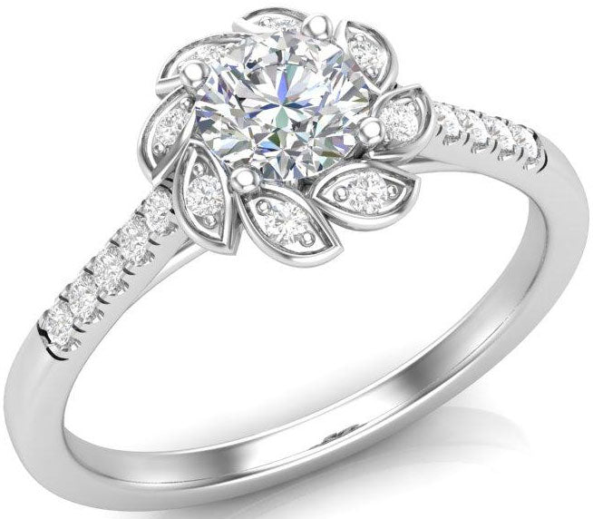 White gold, halo style engagement ring in a floral shape