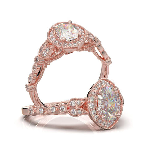 A rose gold floral-inspired halo engagement ring