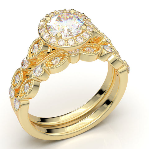 Yellow Gold Round Halo Vintage Engagement Set