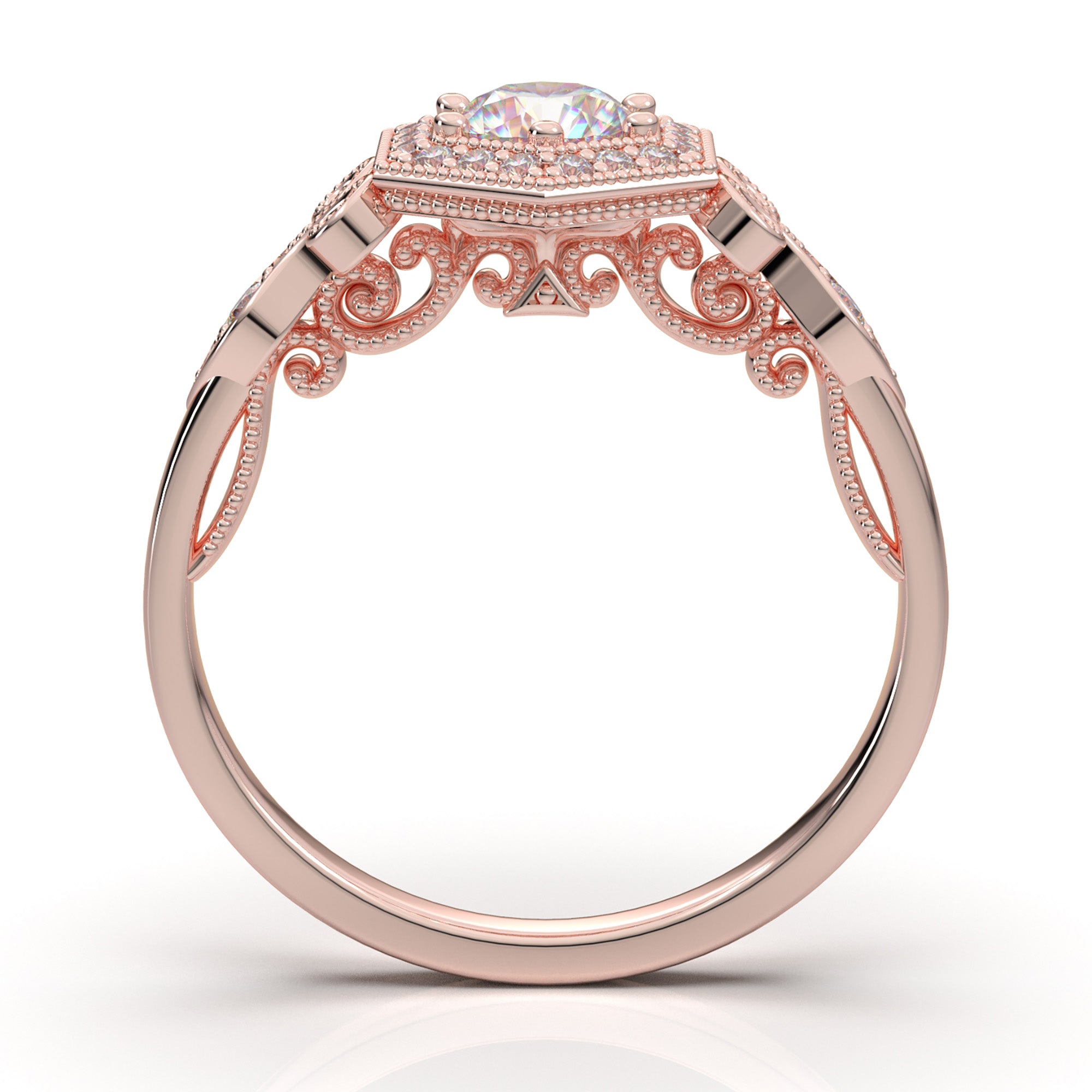 Rose Gold Vintage Hexagon Halo Ring | Made in the US | Aurosi Jewels