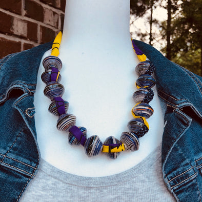Sanyu Funky Handmade Necklace with Chunky Beads and Ankara Fabric (Large Beads in Purple/Black )