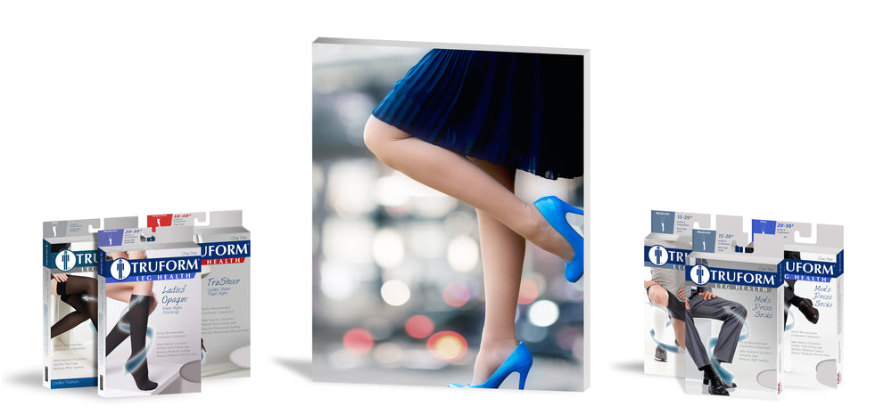 Truform packaging standing next to a central image of women's legs wearing stockings