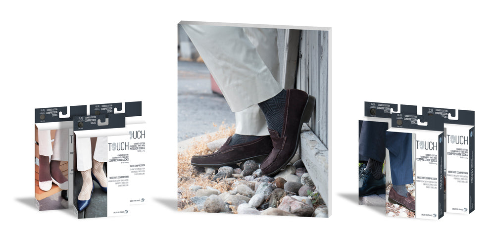 Touch packaging standing next to a central image of a man's feet, wearing compression stockings and brown loafers, leaning on a fence