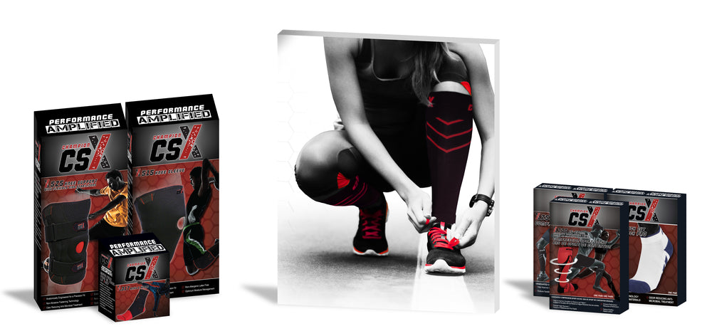 CSX packaging standing next to a central image of a woman wearing compression stockings tying up her running shoes on a road