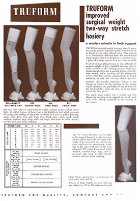Page from an antiquated catalogue featuring Truform's surgical weight two-way stretch hosiery
