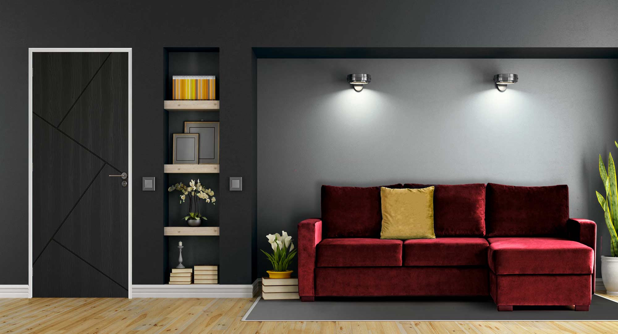 Red velvet sofa interior design