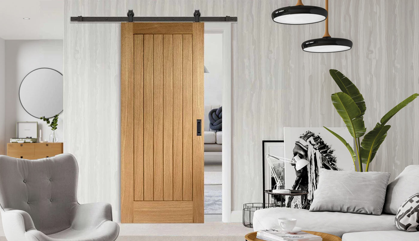 Oak Sliding Door with Black Top Mounted Track  - Living Room Lifestyle