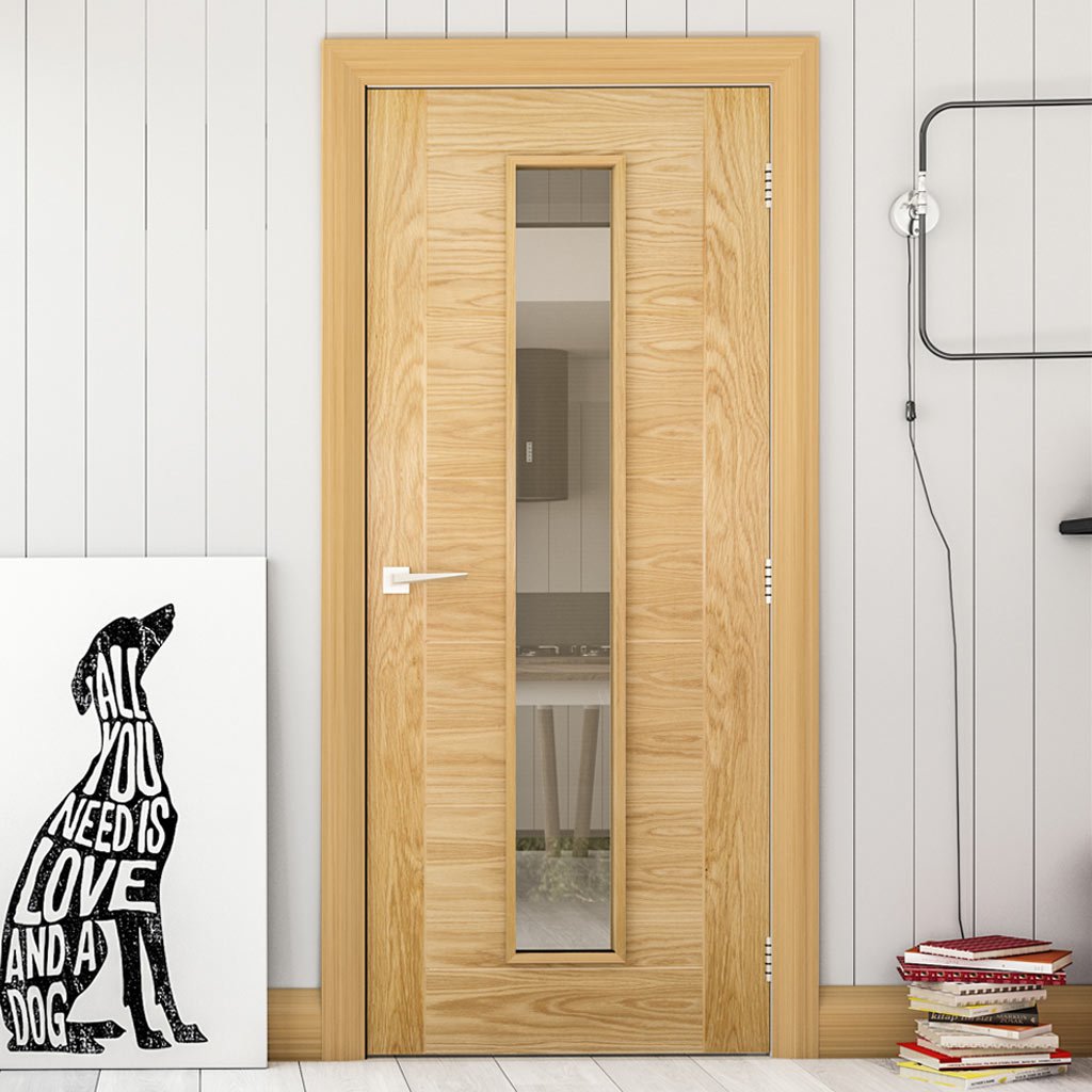 Seville Oak Fire Door Clear Glass 1/2 Hour Fire Rated Prefinishe