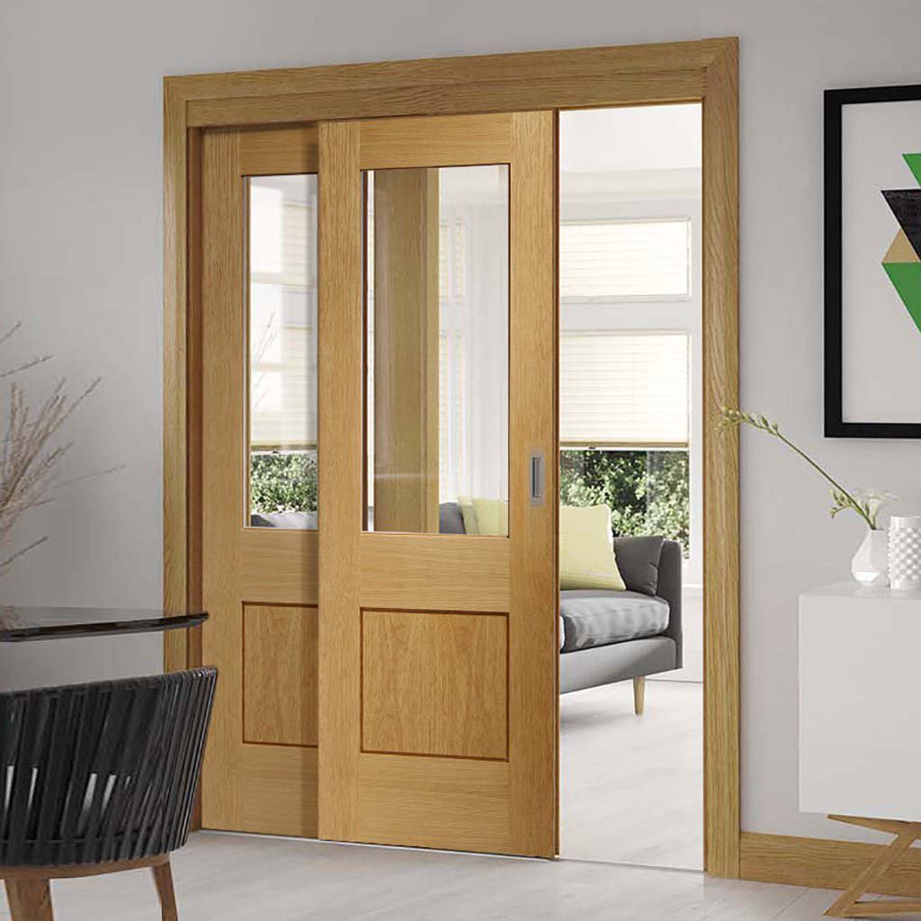 Two Sliding Doors and Frame Kit - Piacenza Oak 1 Panel Flush Door - Gr