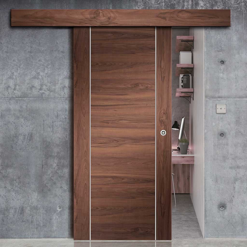 Single Sliding Door Wall Track Forli Walnut Flush Door Aluminium Inlay Prefinished